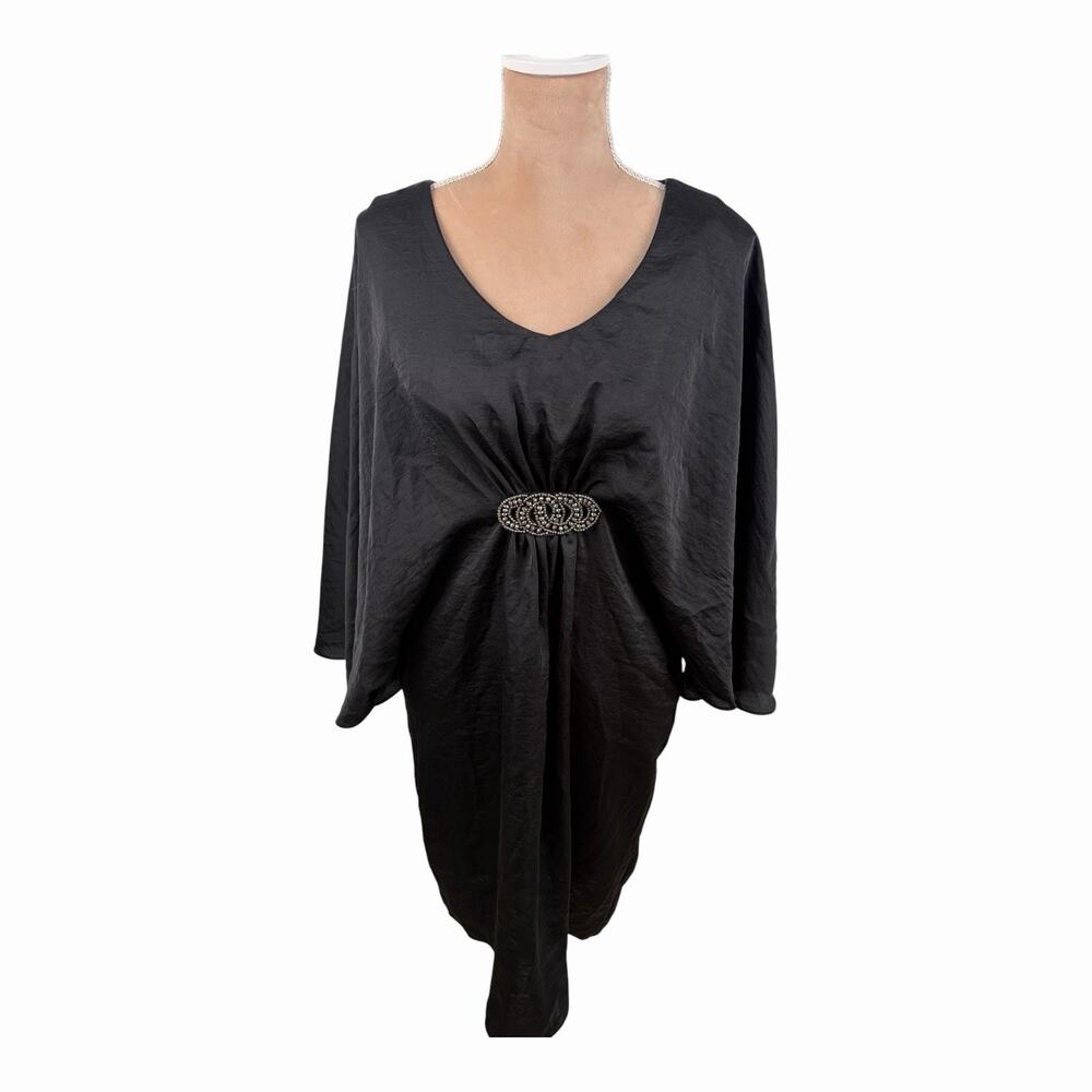 Karina Black Satin Caftan Dress Beaded V Neck Batwing Sleeve Womens 6